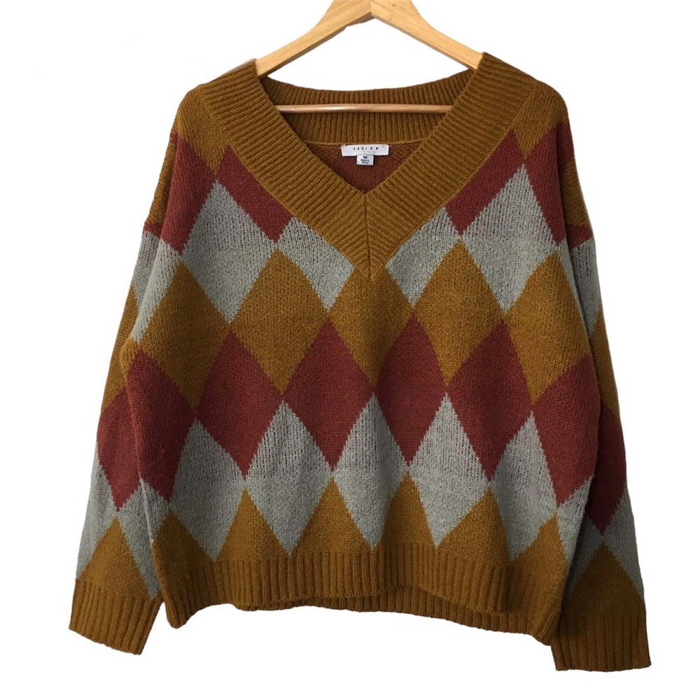 FAVLUX  Fashion Oversized Argyle Cropped V-Neck Academia Sweater Size Medium